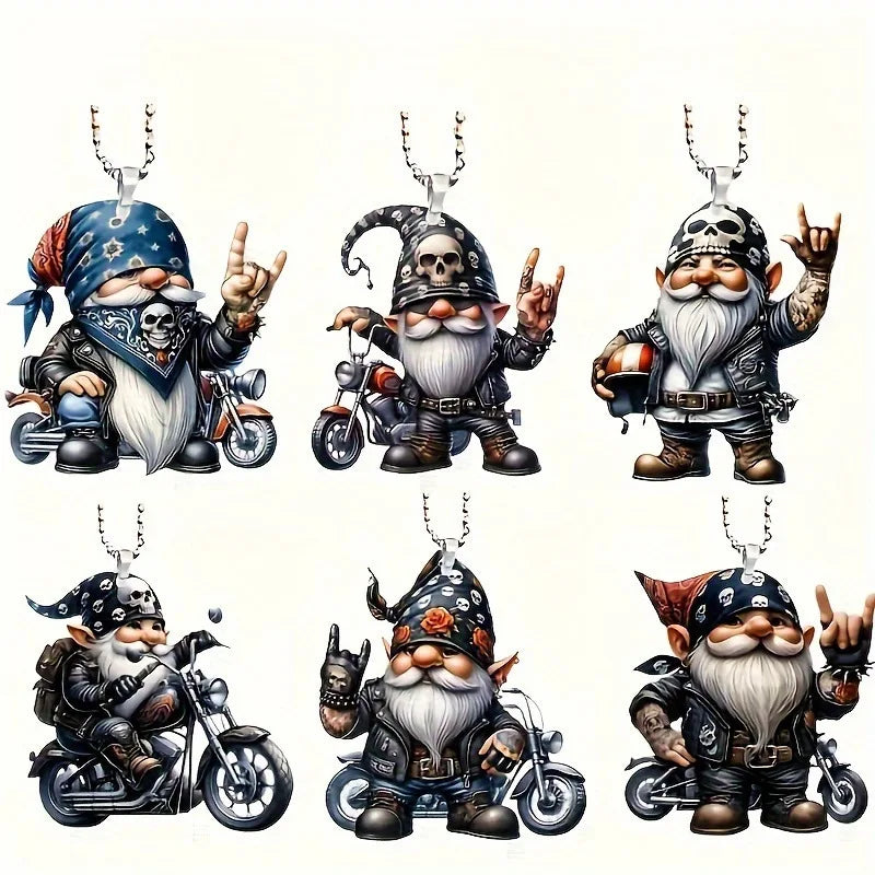 Six cartoon biker gnomes with motorcycles and bandanas arranged in a 2x3 grid on a plain white background. Each gnome has a chain loop at the top, suggesting they are keychains or wall charms.