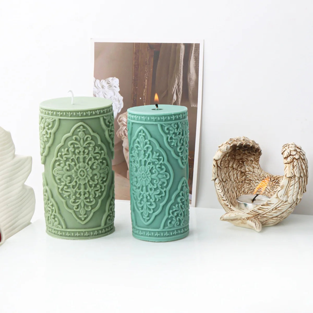 Vintage Floral Totem Cylinder Candle Silicone Mold DIY Creative Embossed Lace Pillar Candle Plaster Making Supplies Mould