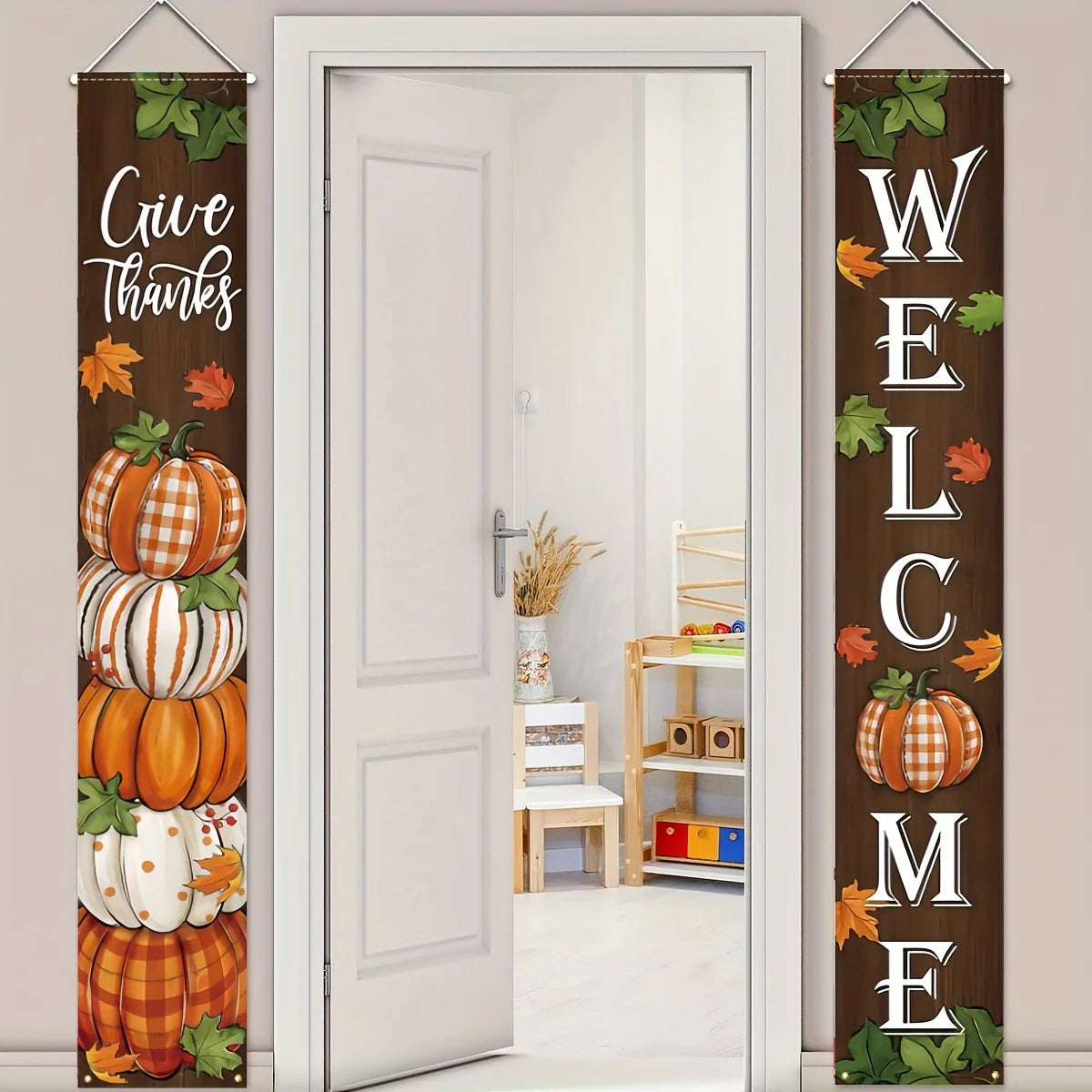 Thanksgiving Thankful Porch Banner Fall Pumpkin Maple Leaf Front Door Hanging Welcome Flag Buffalo Plaid Farmhouse Home Autumn