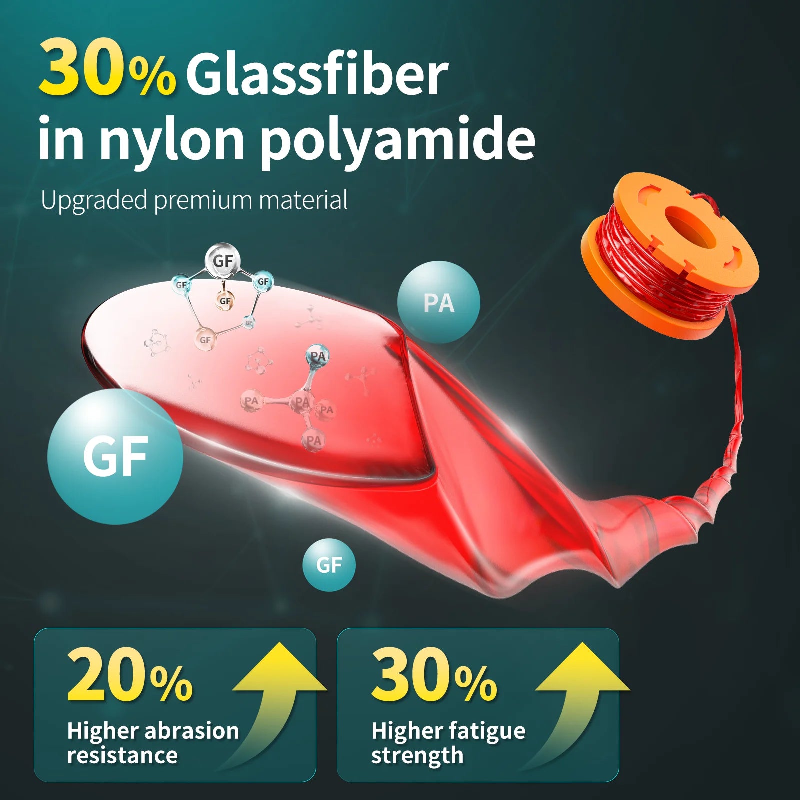 Red material with glassfiber and nylon polyamide components on a dark background