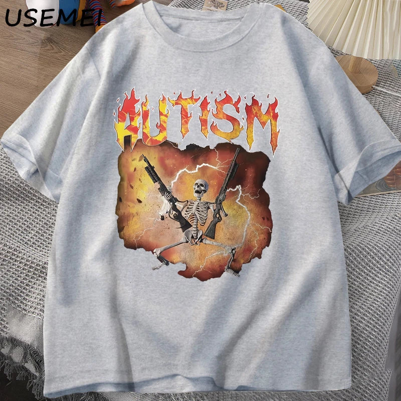 T-Shirt Autism Flame Text Skeleton Graphic Cotton Short Sleeve Unisex Tee
