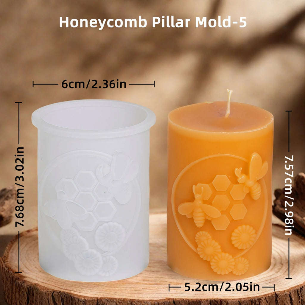 3D Honeycomb Pillar Candle Silicone Mold DIY Embossed Bee and Flower Honeycomb Cylinder Aromatherapy Candle Plaster Mold Decor