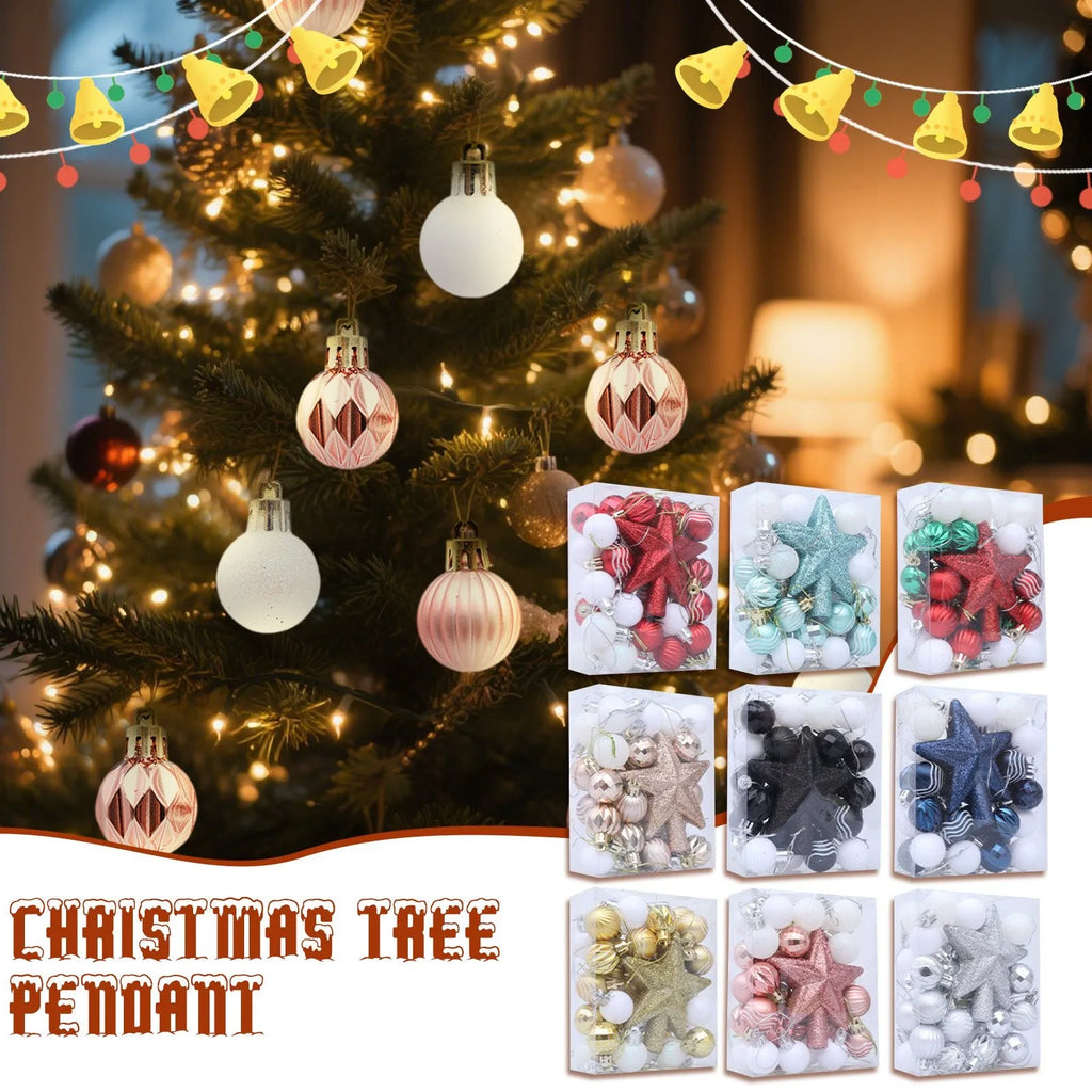 Christmas Ornaments 34pc Set Glitter Star Topper 9 Colors