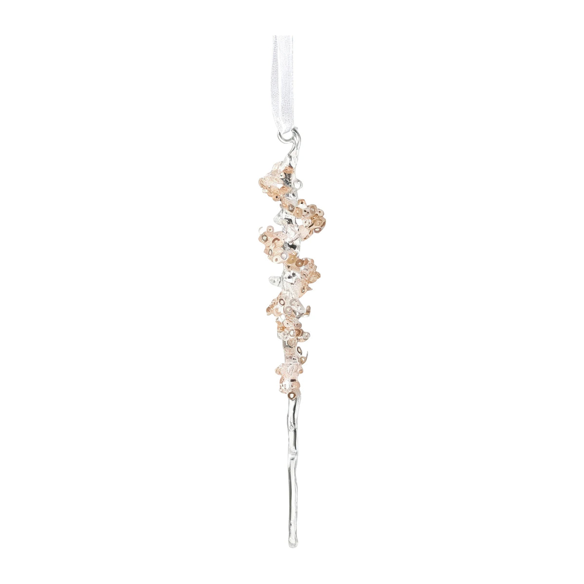 A delicate silver-toned branch-shaped hanging ornament decorated with small blush pink and clear rhinestones, suspended against a plain white background.
