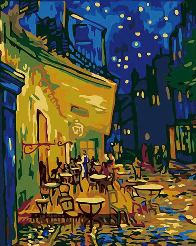 Artistic depiction of a street scene with people at tables under a starry night sky.