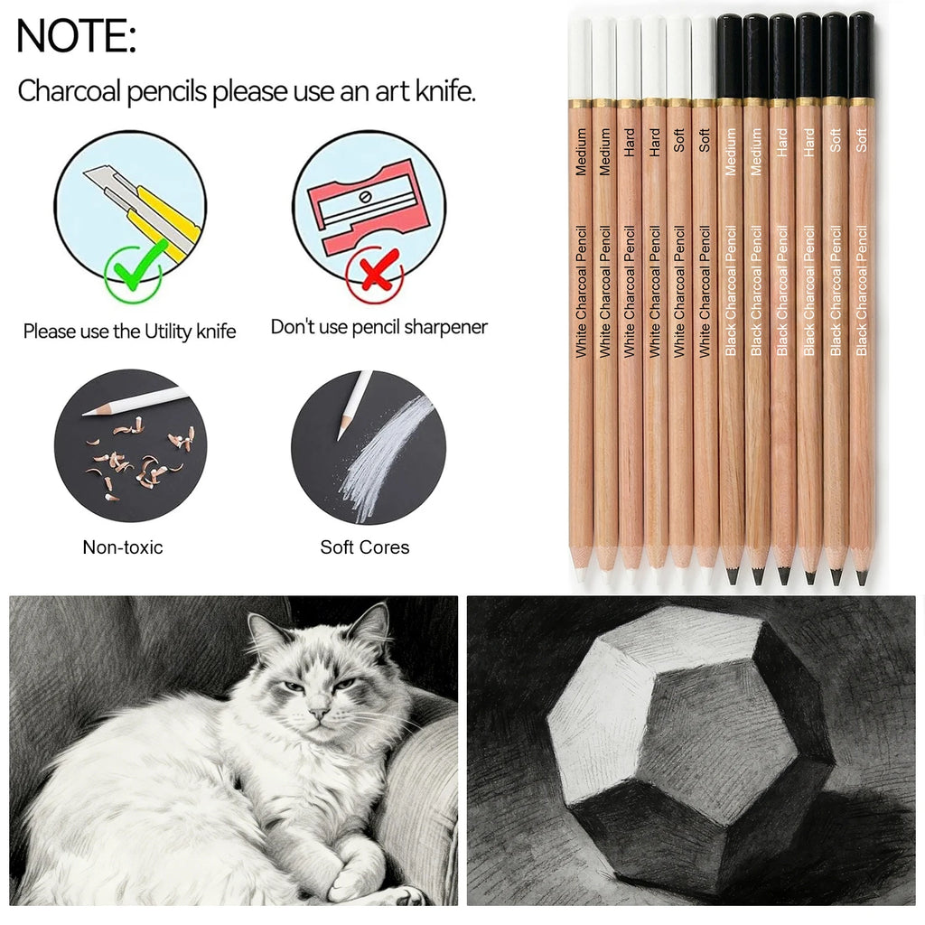 Pro Charcoal Pencils Drawing Set — Black & White, S/M/H Grades