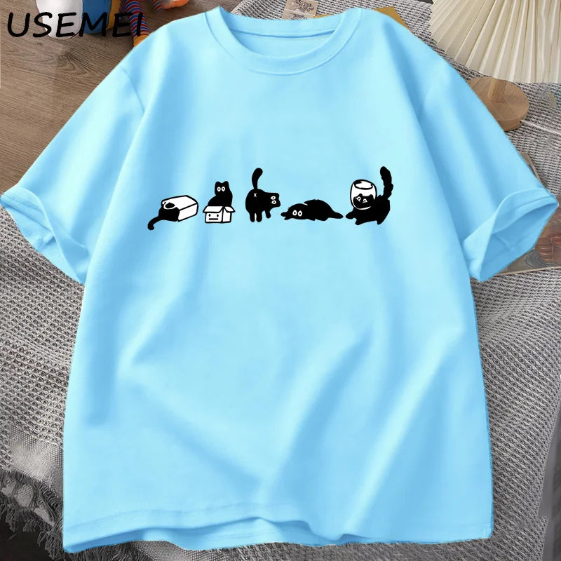 T-Shirt Five Mood Cats Funny Black Cat Graphic Cotton Short Sleeve Oversized