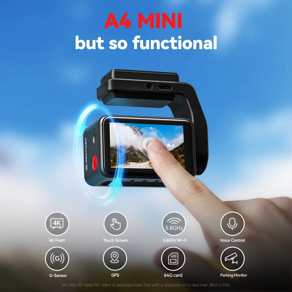 A black A4 Mini action camera with a built-in screen and mounting bracket, shown with a finger touching the front display. The background is a blue sky gradient with text reading 'A4 MINI but so functional' and feature icons below.
