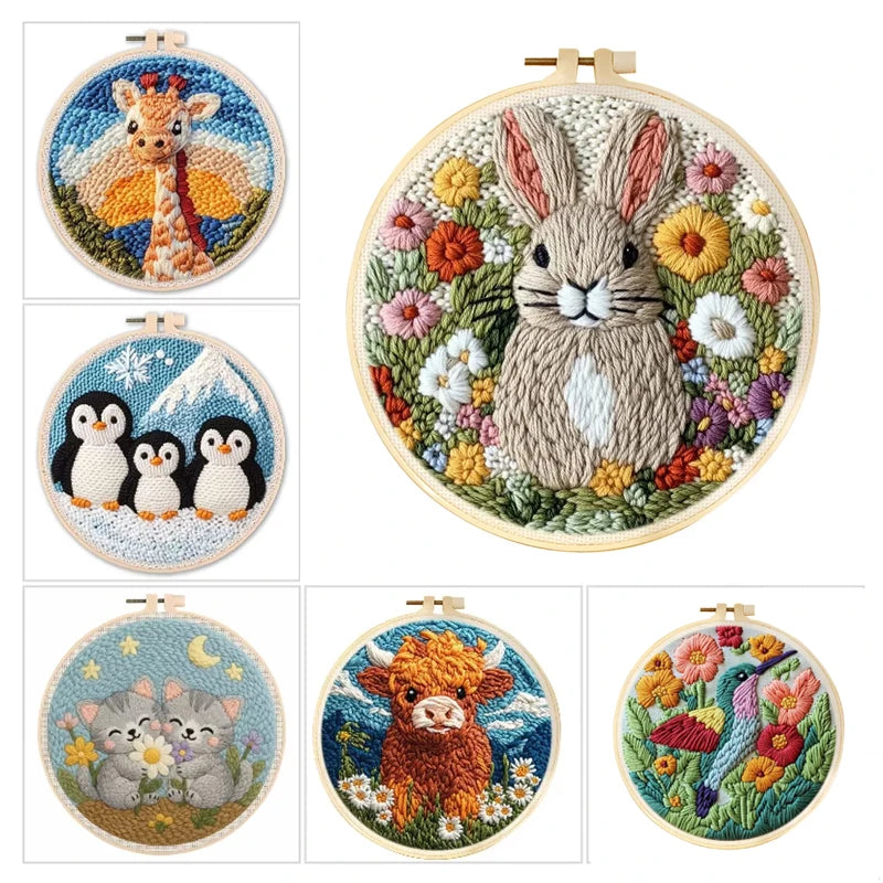 Punch Needle Kit, Animal Patterns with Hoop for Beginner Embroidery Crafts