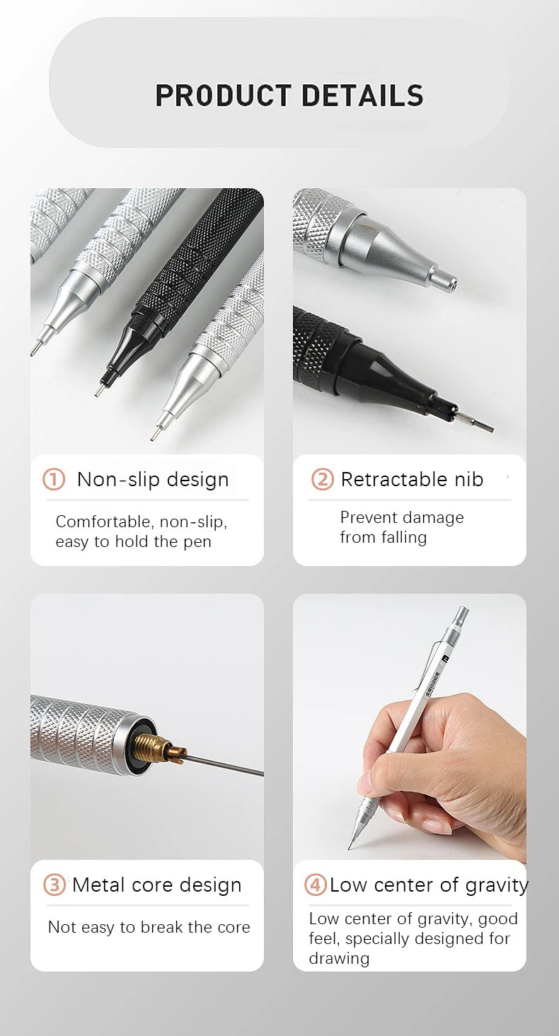 Metal Mechanical Pencil & Lead Refills — 0.3 to 2.0mm, Black or Silver