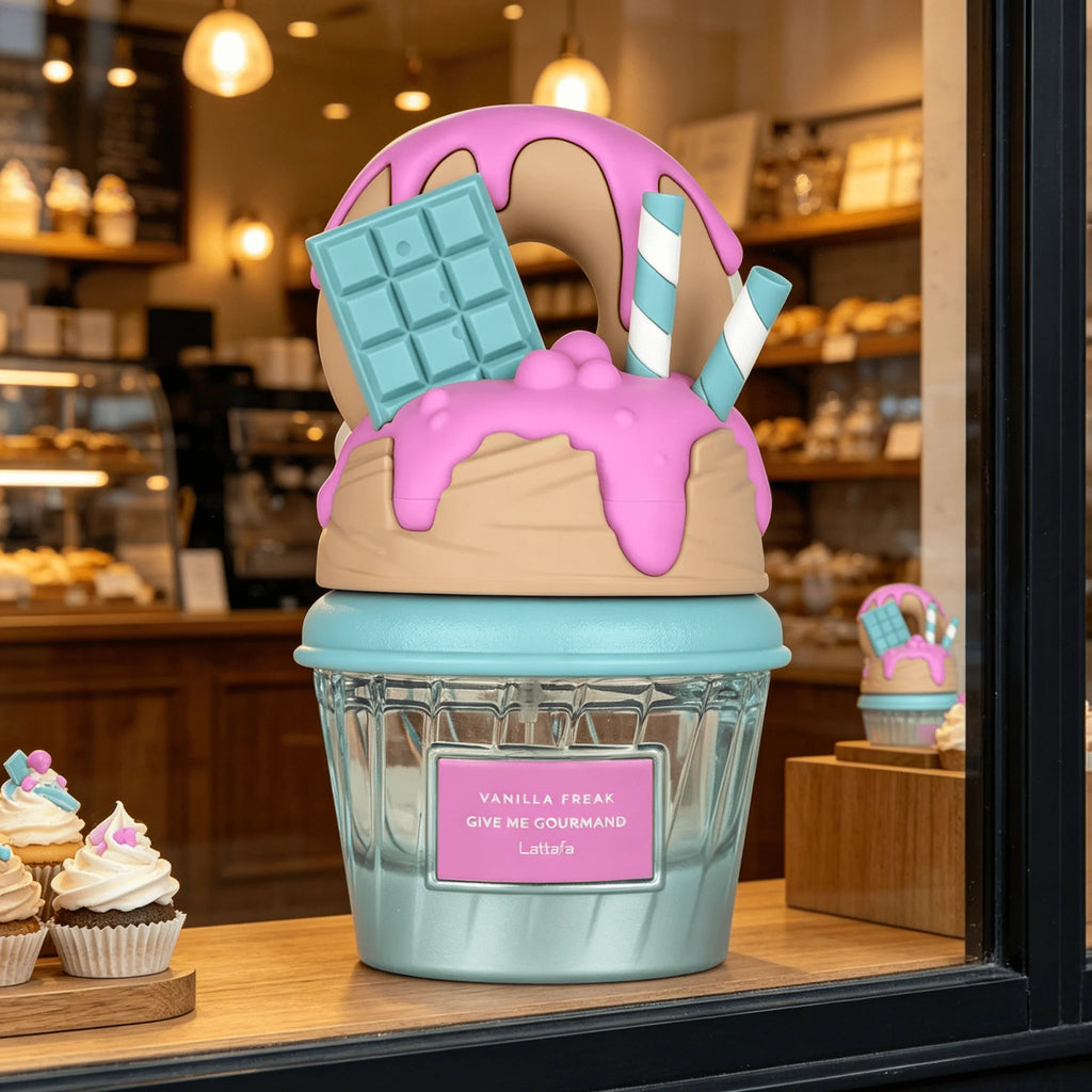 A novelty cupcake-shaped Lattafa decorative object displayed on a bakery counter. The design features a light blue cupcake liner base, a beige frosting swirl, bright pink icing dripping over the top, a pink label reading 'VANILLA FREAK GIVE ME GOURMAND Lattafa', a blue chocolate bar, and two blue-and-white striped straws.