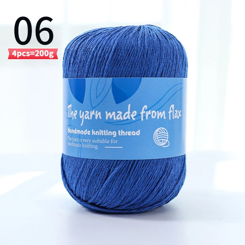 Royal blue linen lace yarn skein, color code 06, with a blue flax label.