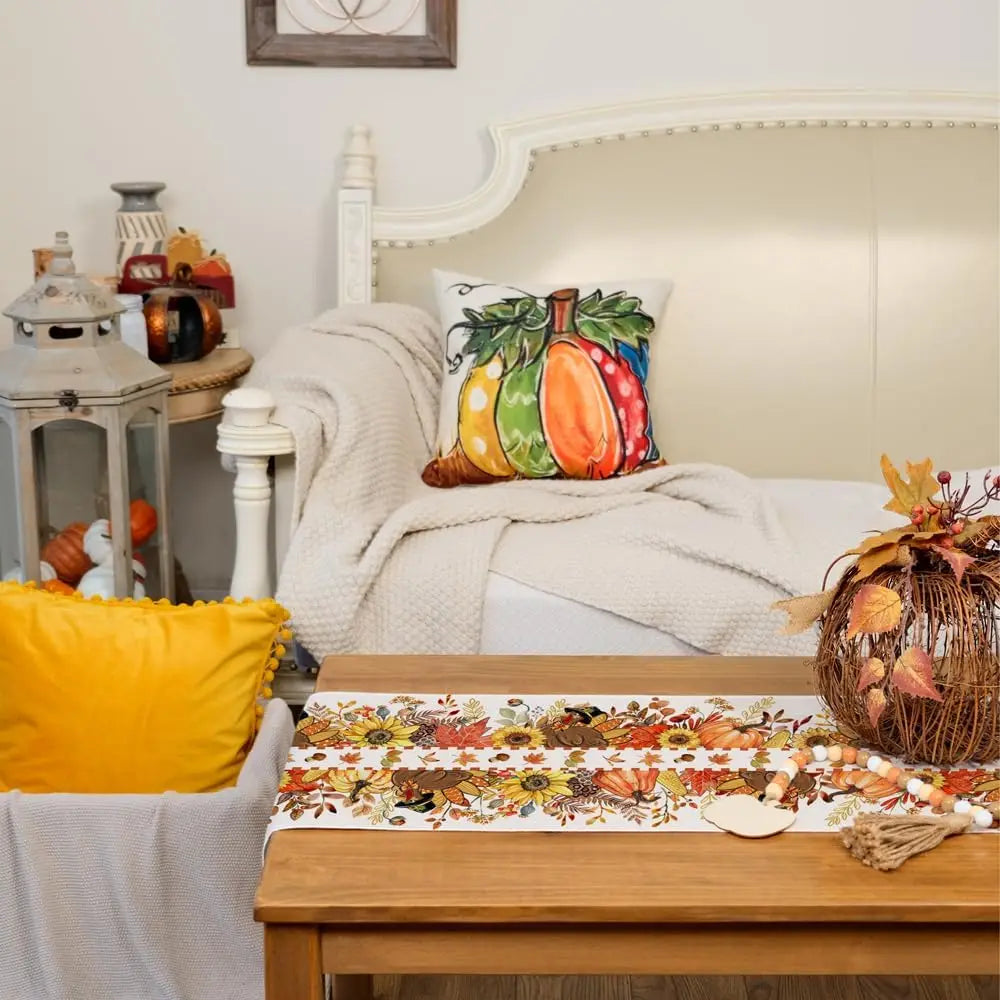 Thanksgiving Fall Turkey Pumpkin Floral Linen Table Runner for Autumn Kitchen Party Table Decor Decorations
