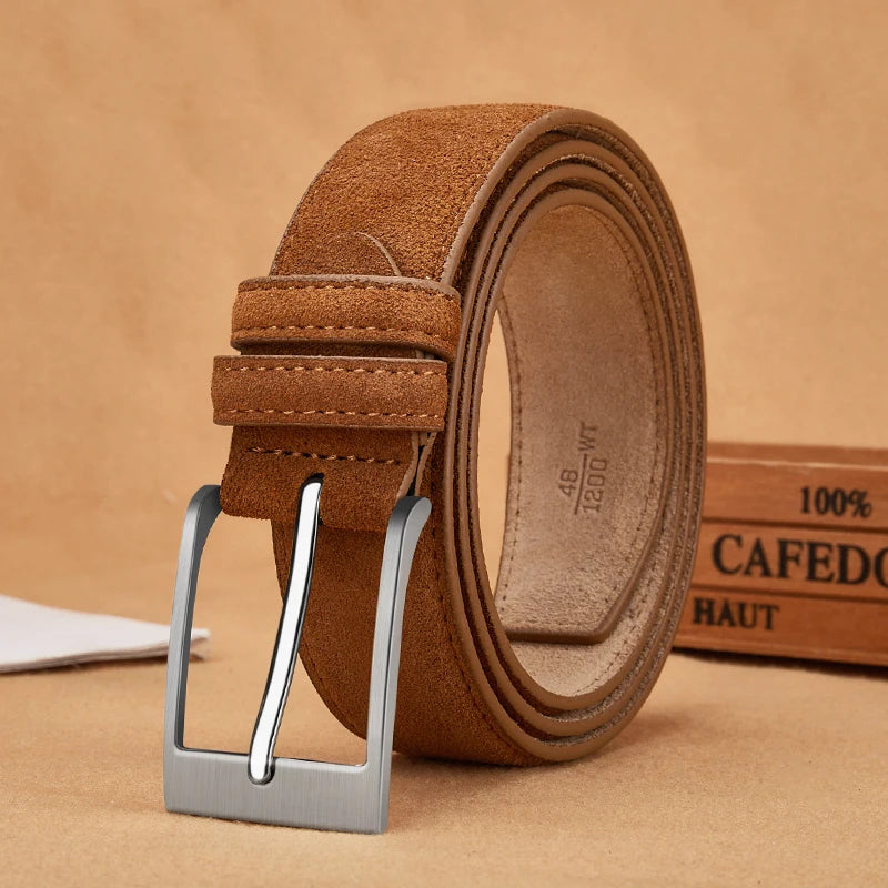 Men's Suede Leather Belt Silver Pin Buckle Vintage Style for Jeans & Chinos