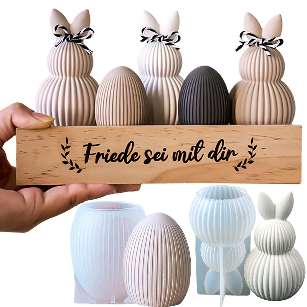 Double Rabbit Ear Silicone Candle Mold DIY Stripe Egg Bunny Aromath Soap Molds Plaster Resin Crafts Making Home Easter Decor