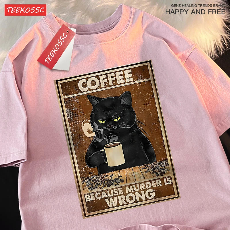 T-Shirt Unisex Coffee Because Murder Is Wrong Black Cat Humor Graphic Tee