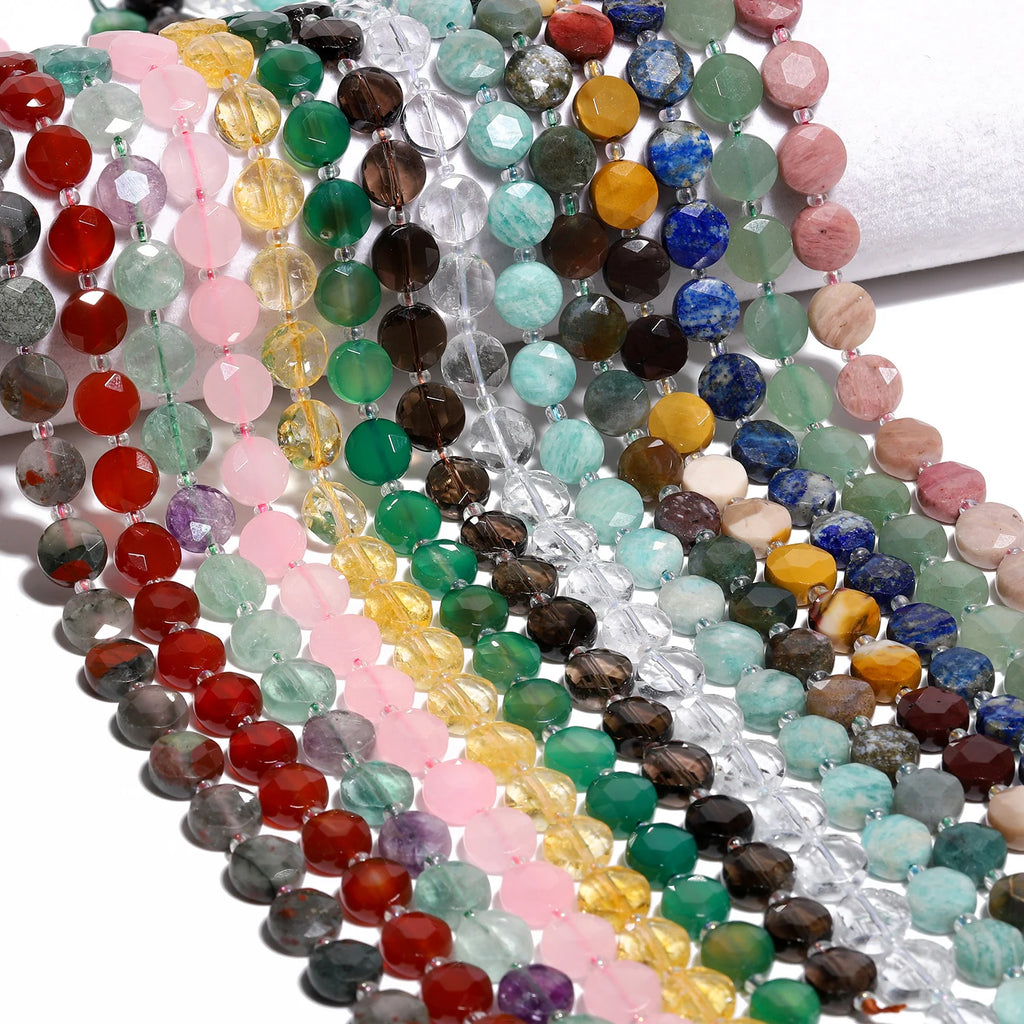 Stone Beads Nature Flat Round Amazonite Quartz-Style Agate Fluorite Craft Beads