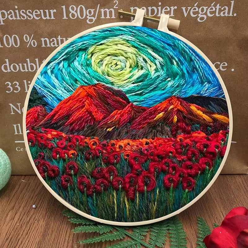 Embroidery Kit, Mountain Scenery with Hoop for Beginner Handmade Wall Art