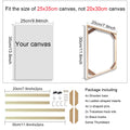 Measurement chart for a 25x35cm canvas with wooden frame and hardware package details.