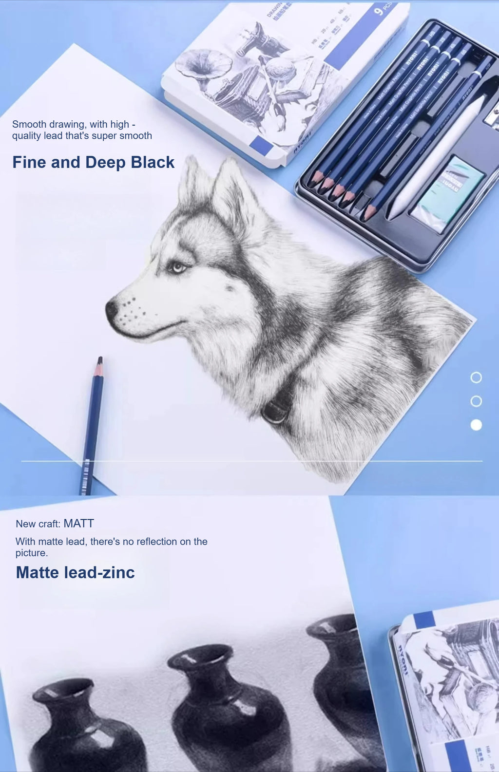 NYONI Matte Sketch Pencil Set — Iron Case, Eraser & Blending Stump Included