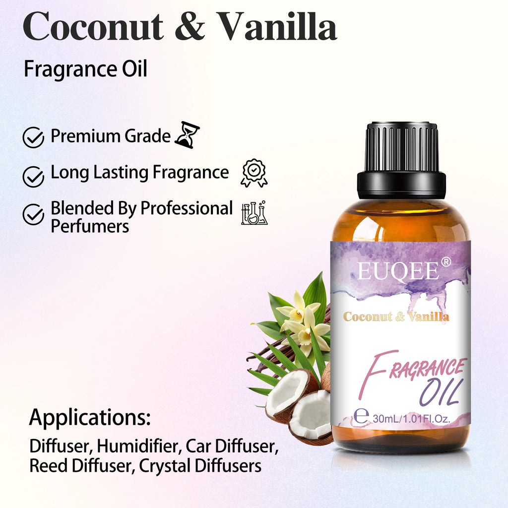 EUQEE 30ml Premium Fragrance Oil For Diffuser Aromatherapy Coconut & Vanilla White Musk Bubble Gum Lilac Aroma Fragrance Oils