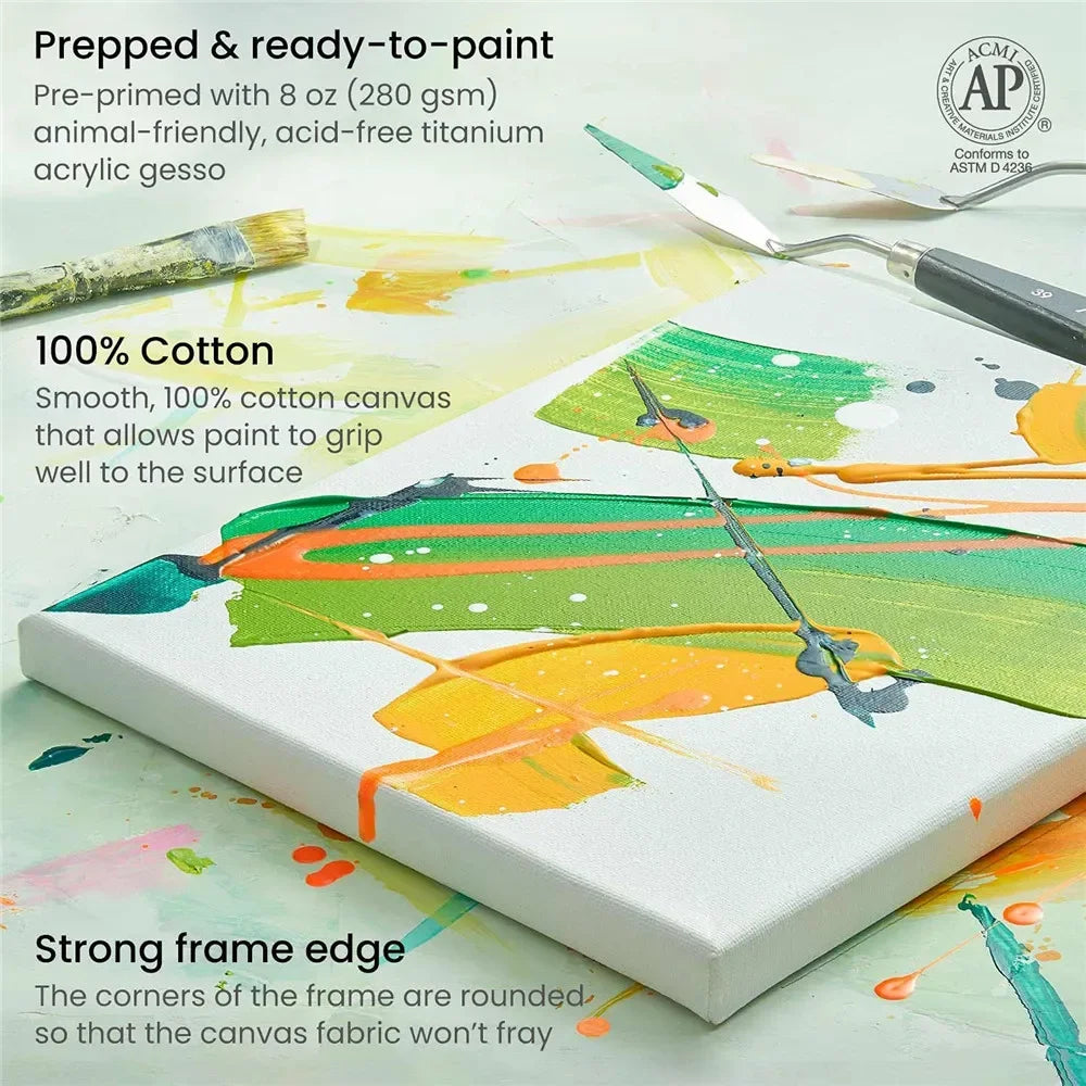Stretched Artist Canvas 4-Pack 100% Cotton Primed Pine Frame Multi-Size