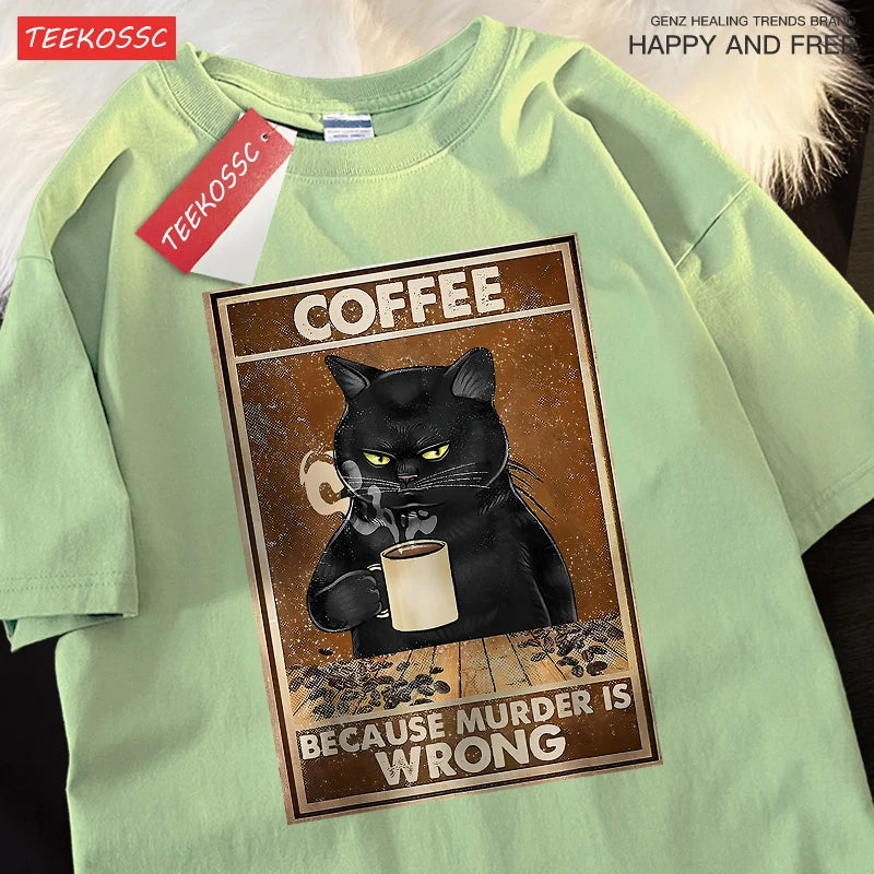 T-Shirt Unisex Coffee Because Murder Is Wrong Black Cat Humor Graphic Tee