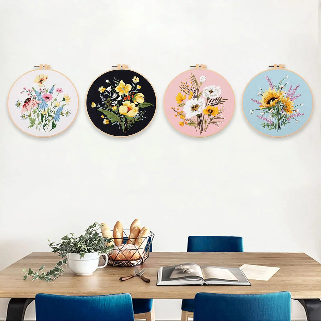 Embroidery Kit, Flower Designs with Hoop for Handmade Cross-Stitch Crafts