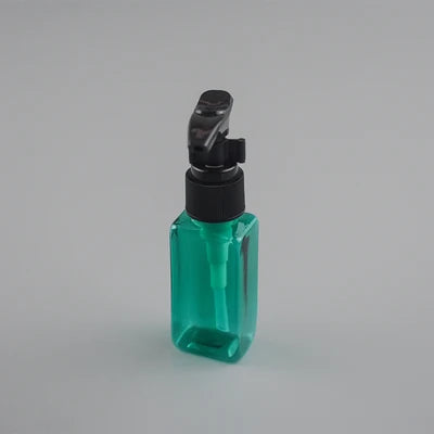 Green rectangular PET bottle with black pump dispenser