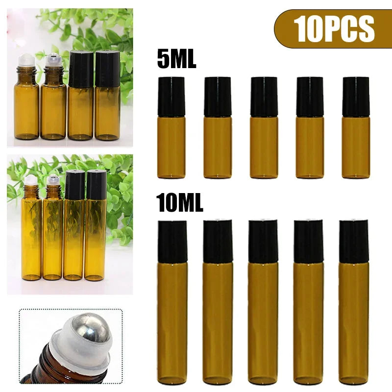 Roll-On Bottles Empty Amber Glass Refillable Sample Vials 10 Pack