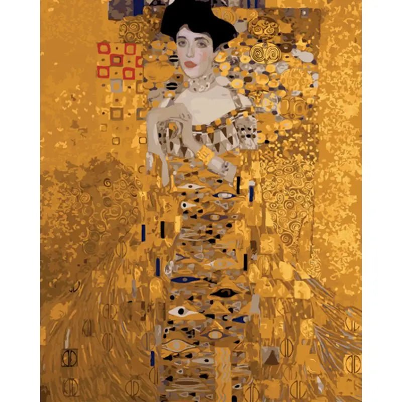 Artistic depiction of a woman with intricate patterns and colors, resembling a famous painting.