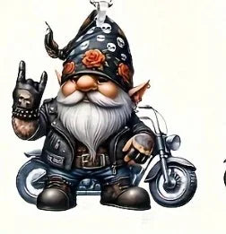 A biker-style gnome illustration wearing a pointed skull-patterned hat, black leather jacket, and boots, posed with a motorcycle on a plain white background.
