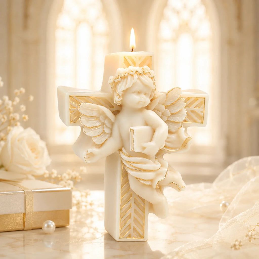 Lit cross example candle with a winged cherub holding a book and gold-colored decorative details