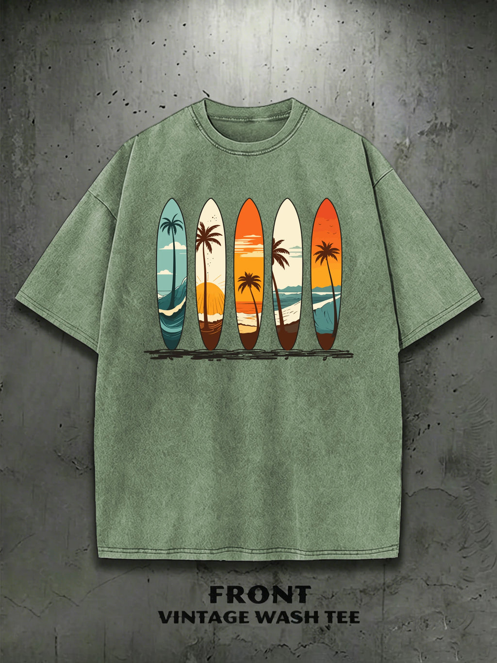T-Shirt Surfboard Retro Surf Coconut Tree Vintage Wash Graphic Tee