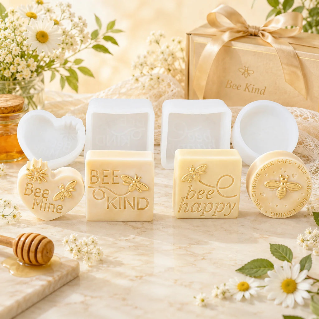 Four bee quote castings displayed in front of their corresponding silicone molds