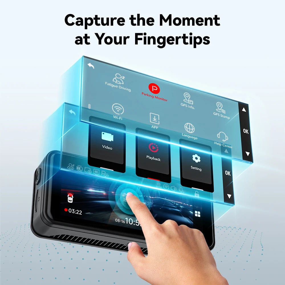 Smartphone with a touchscreen interface displaying various icons and a hand interacting with it, on a light blue background.  REDTIGER F8  4K+1080P 5.8G WiFi Dash Cam Front and Rear GPS Dash Camera.