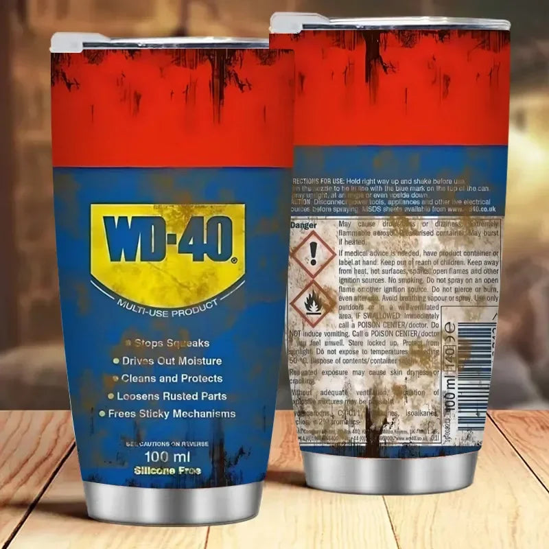 WD-40 Travel Mug, weathered, 20 oz mug, cup. insulated, looks like the original WD 40 Can