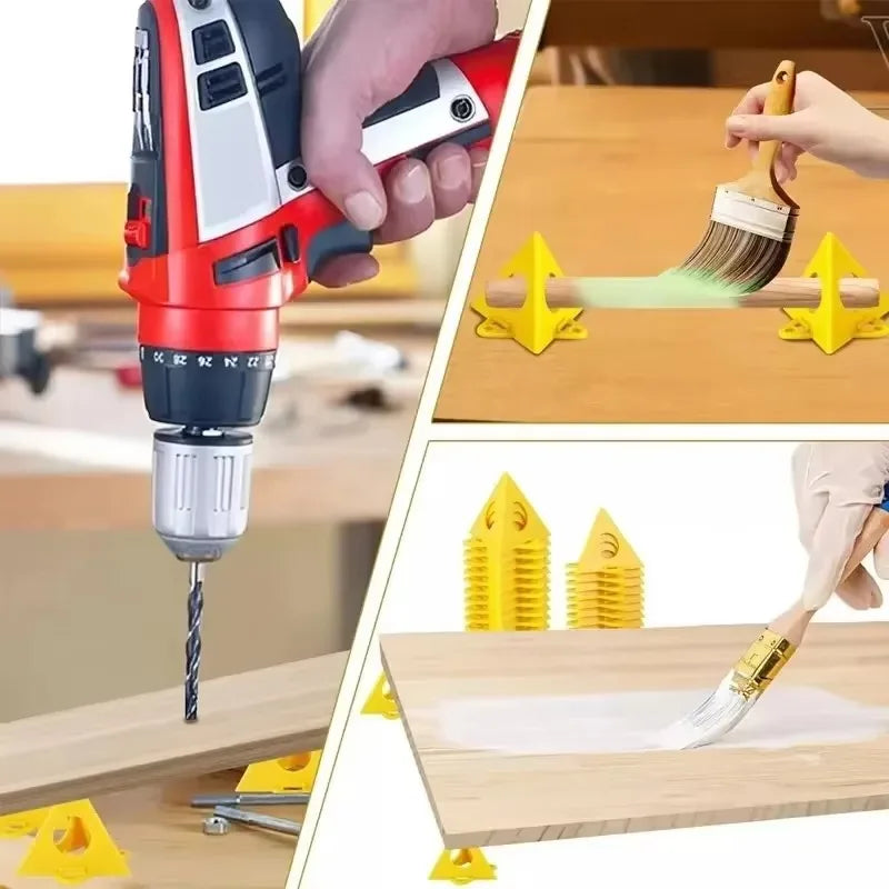 A collage showing a cordless drill being used to bore a wood piece, with yellow triangular wood stabilizers visible in different stages of use, including a hand brushing wood and stacks of yellow stabilizers.