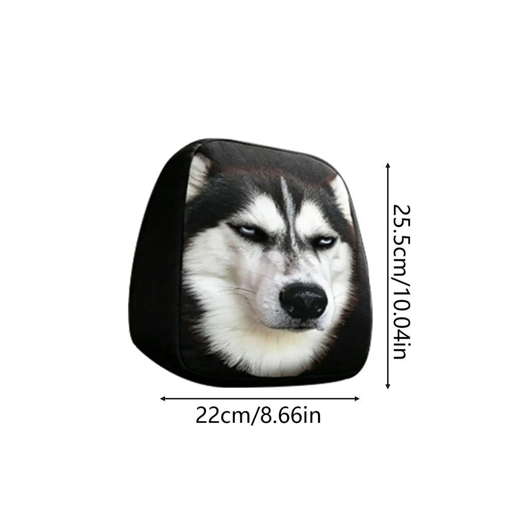 A black triangular headrest pillow featuring a printed graphic of a husky dog face, with dimension lines indicating measurements of 22cm by 25.5cm on a white background.