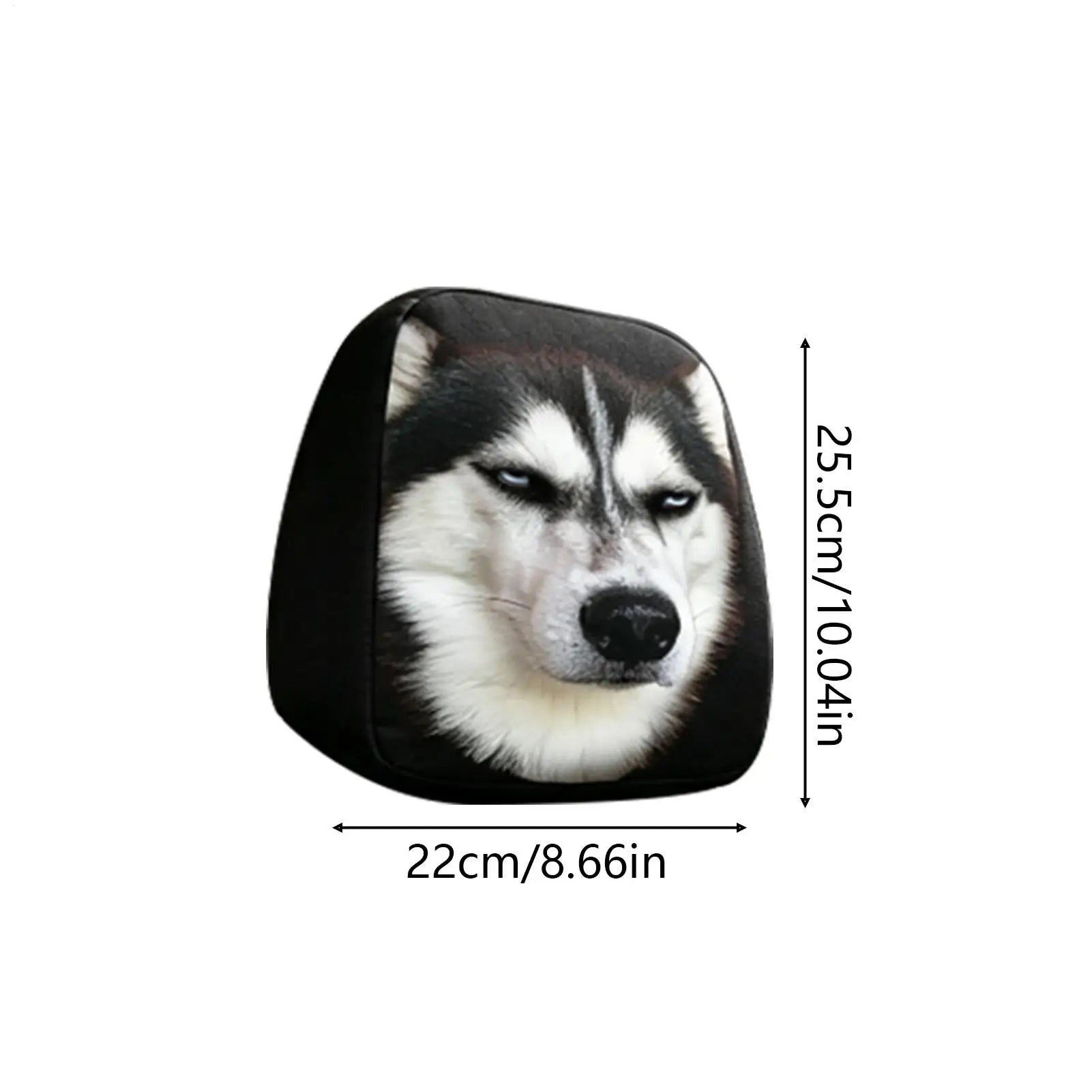 A black triangular headrest pillow featuring a printed graphic of a husky dog face, with dimension lines indicating measurements of 22cm by 25.5cm on a white background.