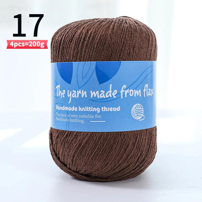 Brown linen lace yarn skein, color code 17, with a blue flax label.