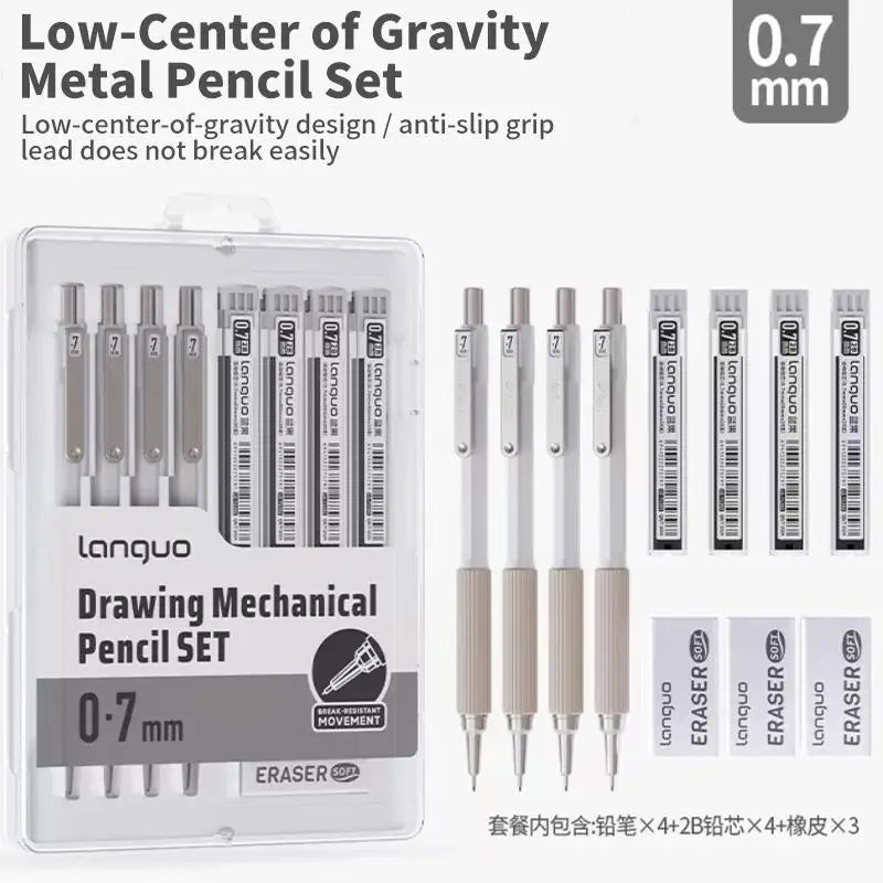 Mechanical Pencil Set, 4 Metal HB Pencils, 80 Lead Refills & Case