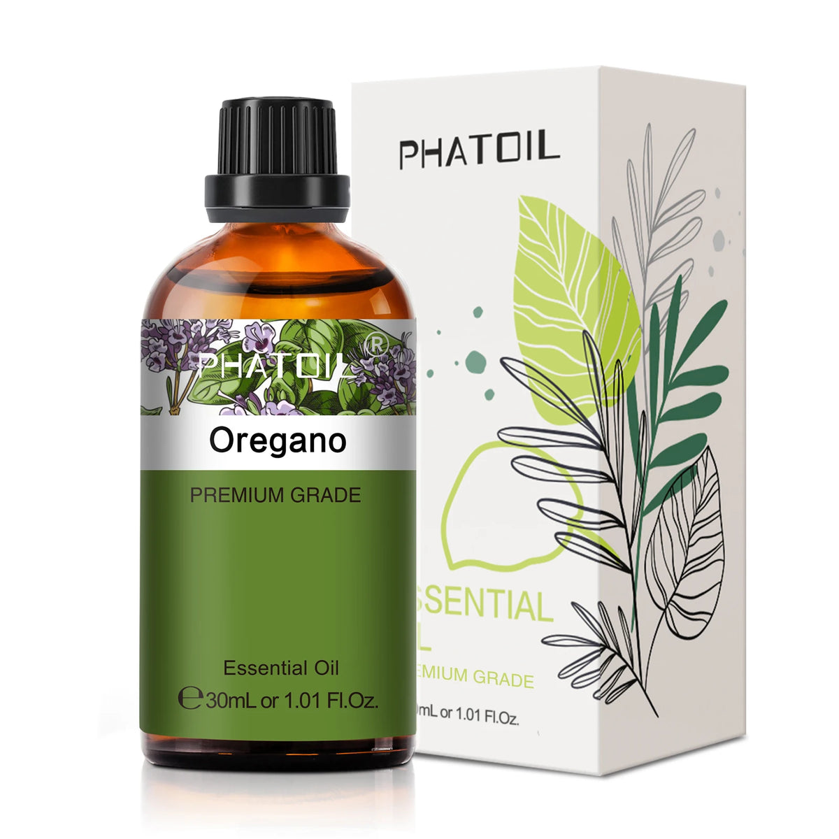 Oregano essential oil bottle with packaging on a white background