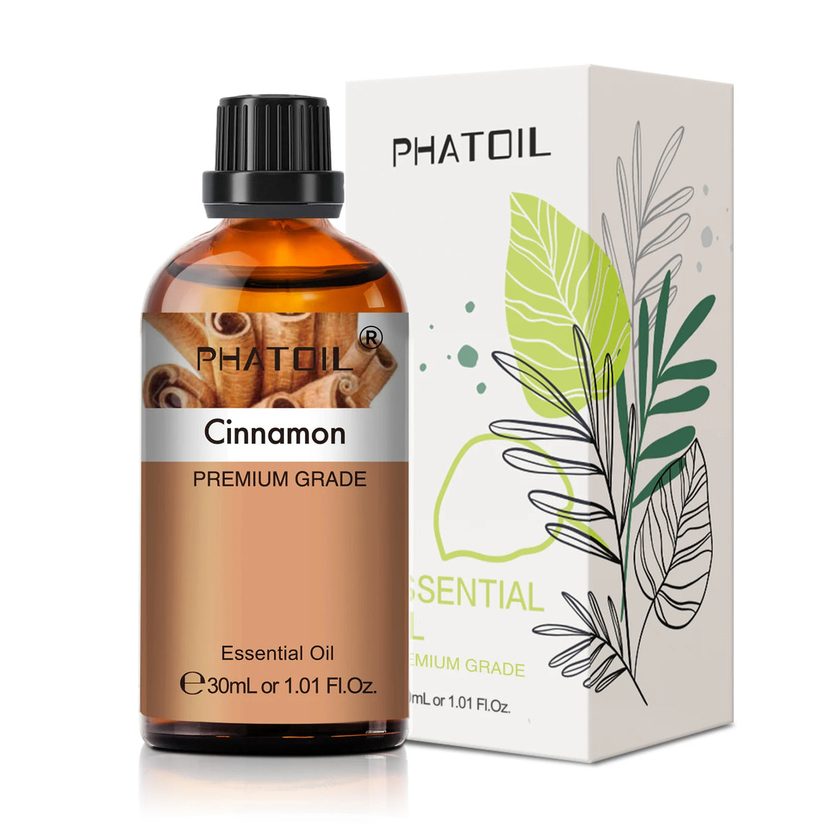 Cinnamon essential oil bottle with Phatoil packaging on a white background