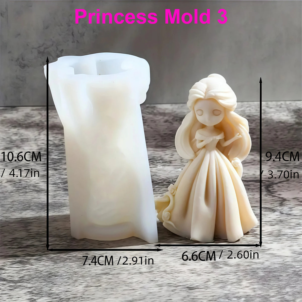 Princess Mold 3 diagram with gathered-hair doll example and separate mold and casting dimensions