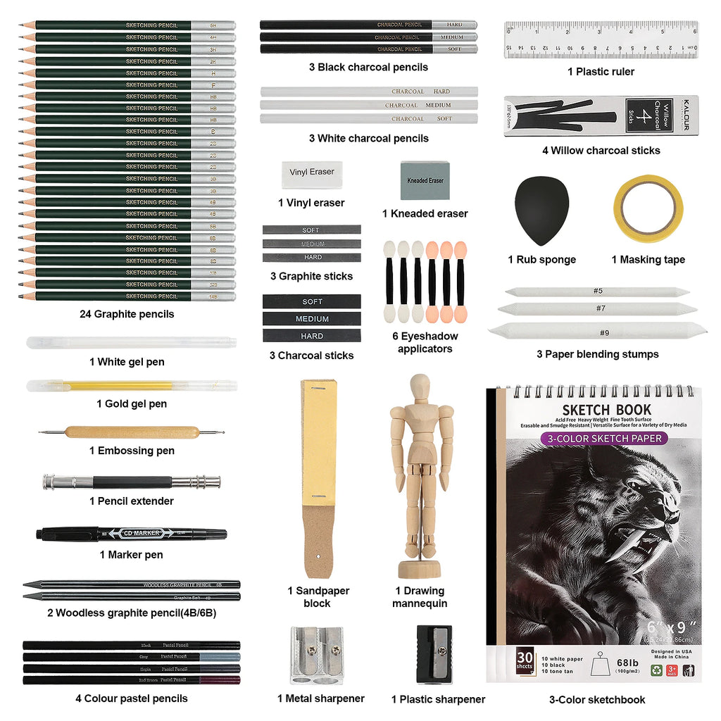 Drawing & Sketching Kit with Travel Case — 20 to 96 Pieces