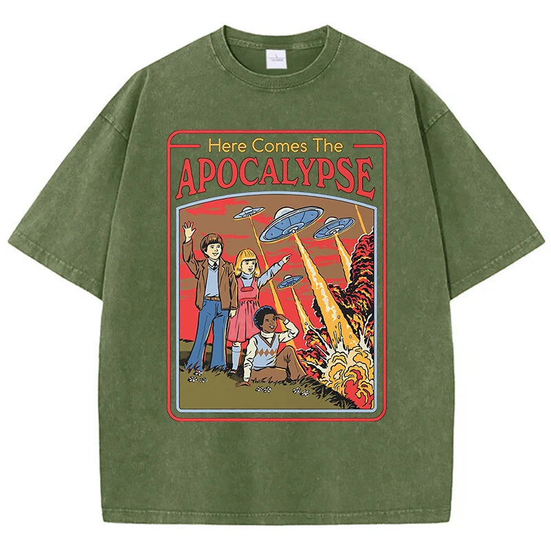 T-Shirt Unisex Here Comes the Apocalypse UFO Retro Washed Vintage Graphic Tee