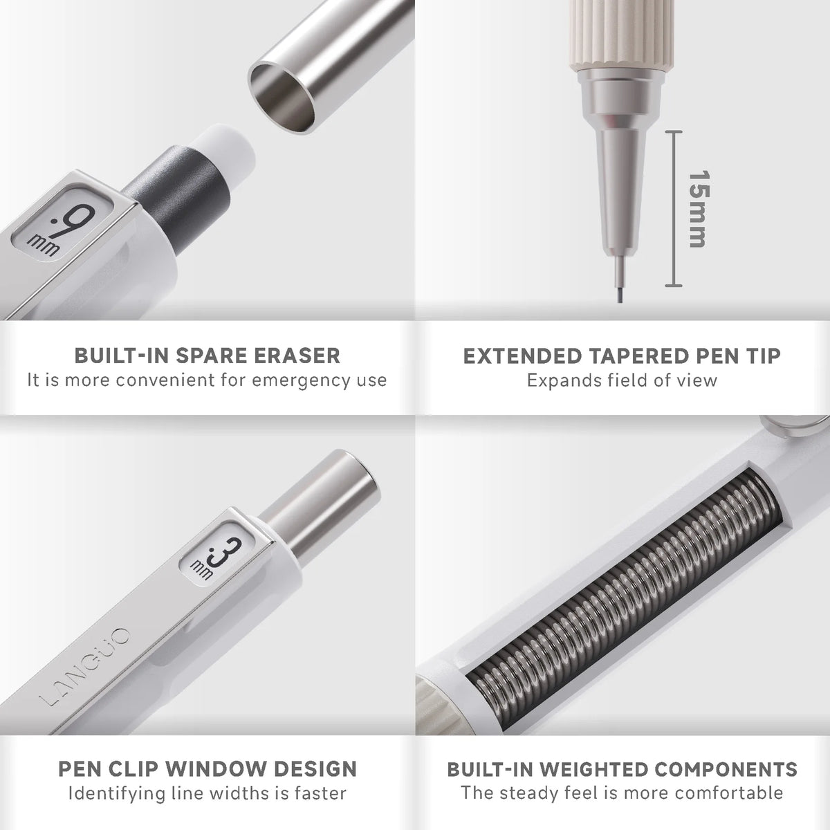 LANGUO Metal Mechanical Pencil Set with Leads & Eraser — 0.3 to 0.9mm