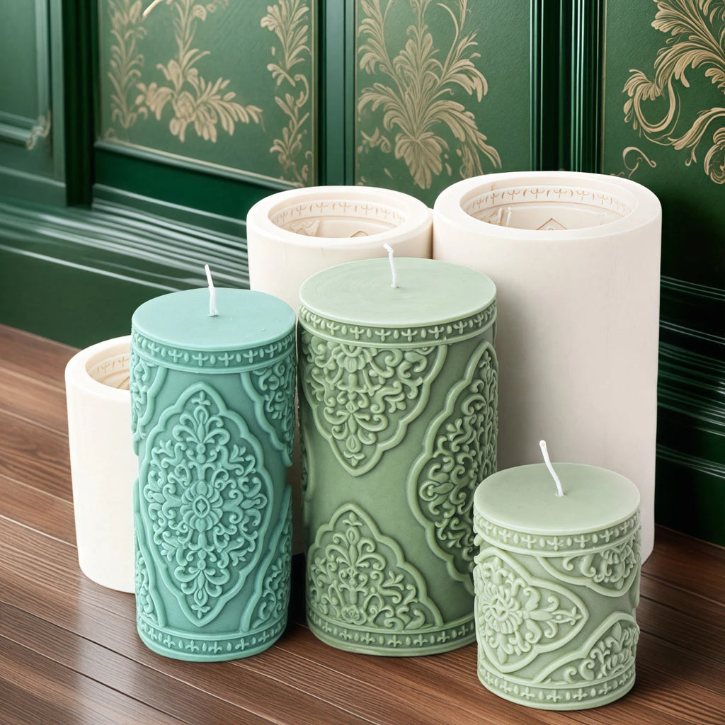 Vintage Floral Totem Cylinder Candle Silicone Mold DIY Creative Embossed Lace Pillar Candle Plaster Making Supplies Mould