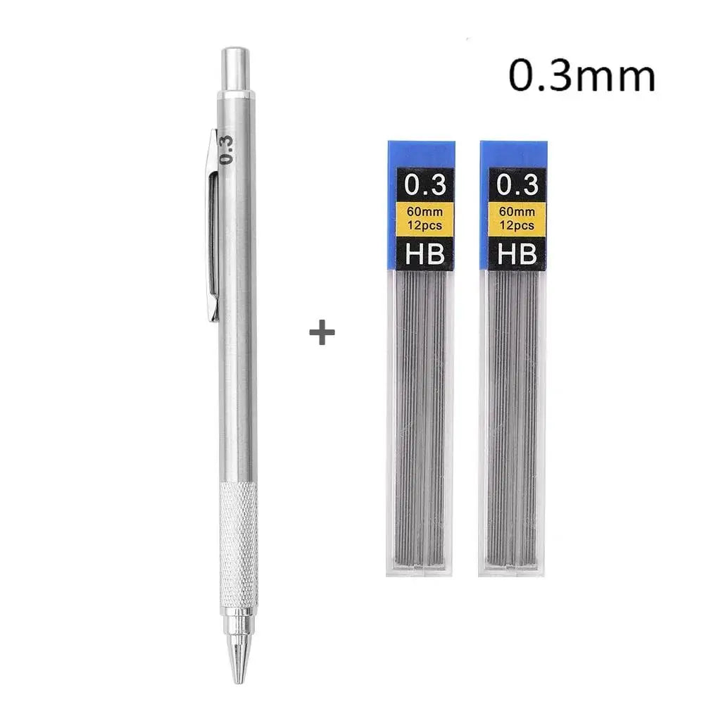 Mechanical Pencil, Metal Anti-Slip Grip, 0.3–2.0mm + Lead Refills